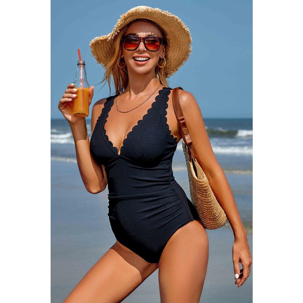 CHARMLEAKS One Piece Swimsuit Women Shoulder Straps Wavy Edge V Collar Bathing Suit Sexy Monokini Swimwear S-XL