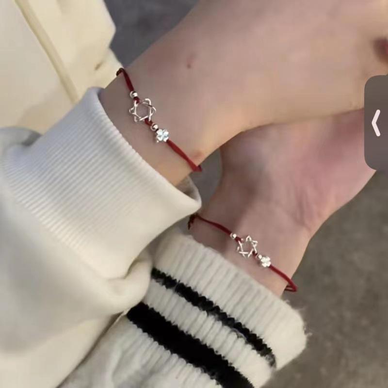 Pulseira Corda de Mão Vermelha Ajustável Trevo da Sorte Hexagrama para Meninas e Melhores Amigas