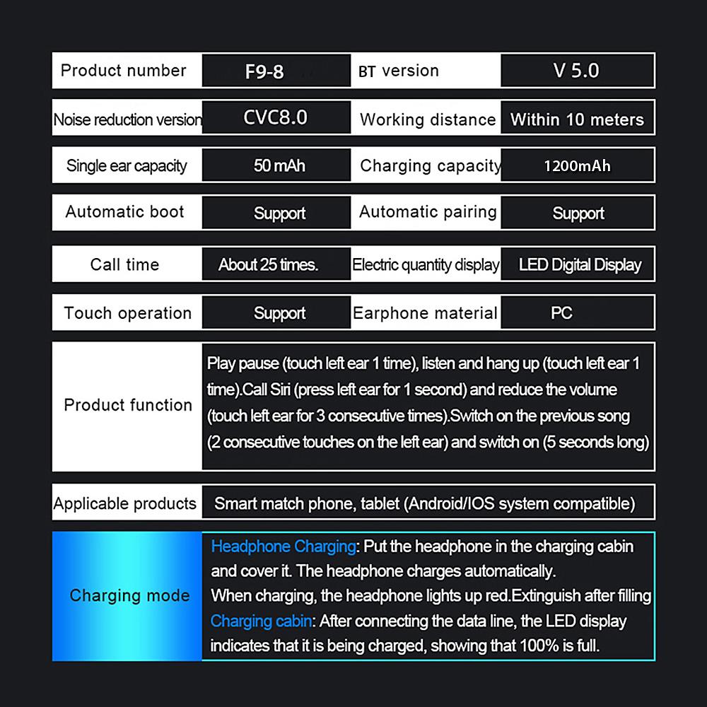 F9-8 BT5.3 Wireless Earphones In-Ear Earbuds LED DisplayCVC Noise ReductionTouch ControlHiFi