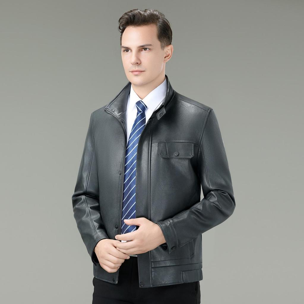Brand Versatile Men's Stand Collar Leather Jacket, 2025 Spring/Autumn Collection - Cool Motorcycle Style for Mid-Aged and Young Men