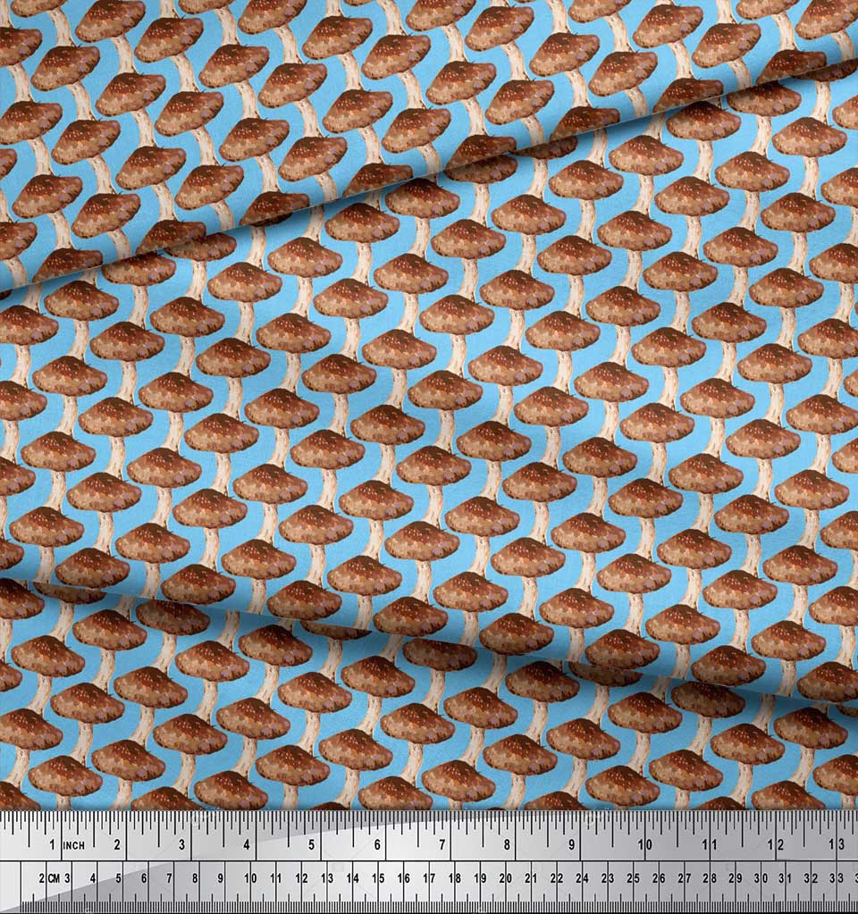 Soimoi Blue Japan Crepe Satin Fabric Mushroom Vegetable Fabric Prints By metre 42 Inch