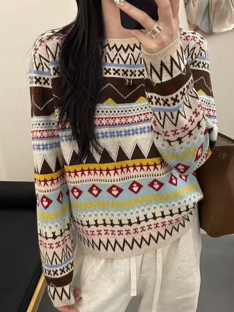 Versatile Ethnic Style Color Block Knit Cardigan Sweater for Women - Round Neck, Retro, Multi-Season