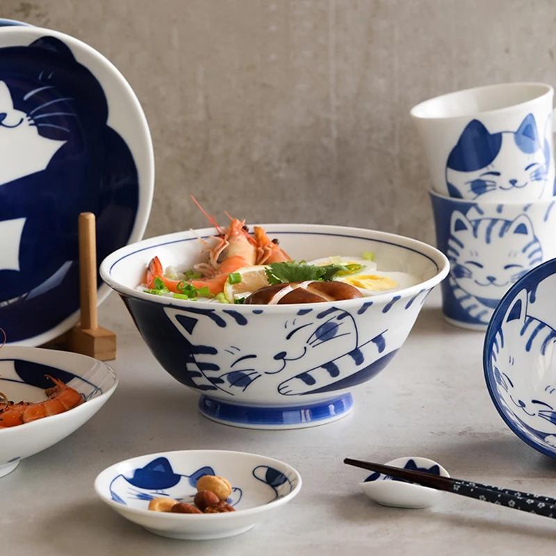 Piatto Ceramico Gatto Carino Piatto Giapponese Ciotola in Porcellana Bianca e Blu Piatto Creativo Personalità Casa Tavola Cucina Casa Qualità