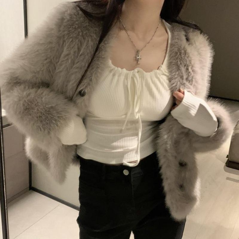 Träger Reines Slim Fit Süß und Würzig Herbst Innenpaar Quadratischer Ausschnitt Kurzarm T-Shirt Top für Damen Schlank und Vielseitig Basisshirt