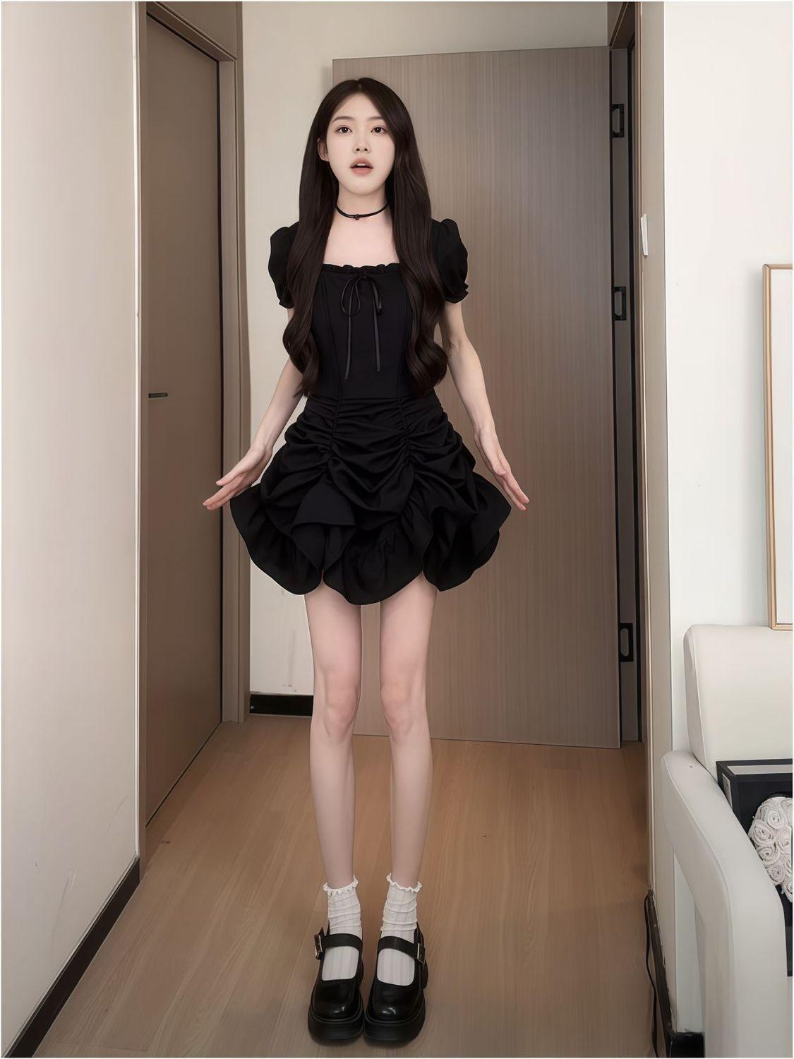 

Four short-sleeved dresses in one dress, waist and thin, long dress with ruffle edge, thin black tomato red skirt, commuting M чёрный