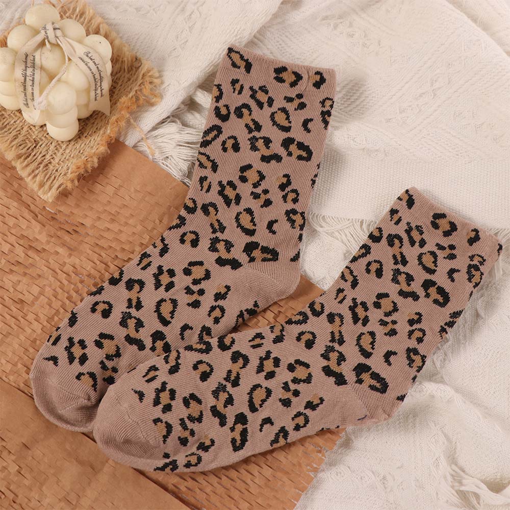 5 Pairs Korean Style Famale Tube Socks Soft Mid-Calf Socks Hosiery Leopard Print Socks  Streetwear