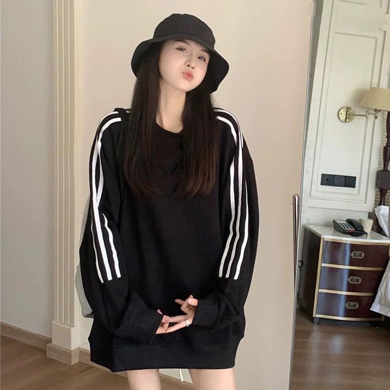 

Женский свитшот с тремя полосками: Весна/Осень Корейский стиль, Свободный крой, Круглый вырез, Топ средней длины для пар XXL чёрный