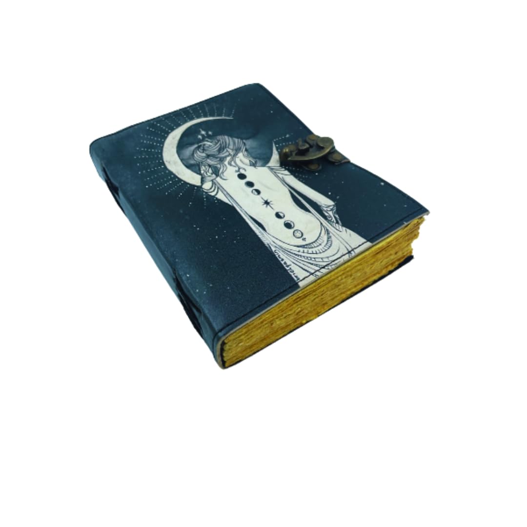 

OVERDOSE Moon and Moon Design UV Printed Leather Journal with Brass Handmade Unlined Deckle Vintage Paper Sketchbooks Notebooks 6 x 8 Inches 15 x 20cm