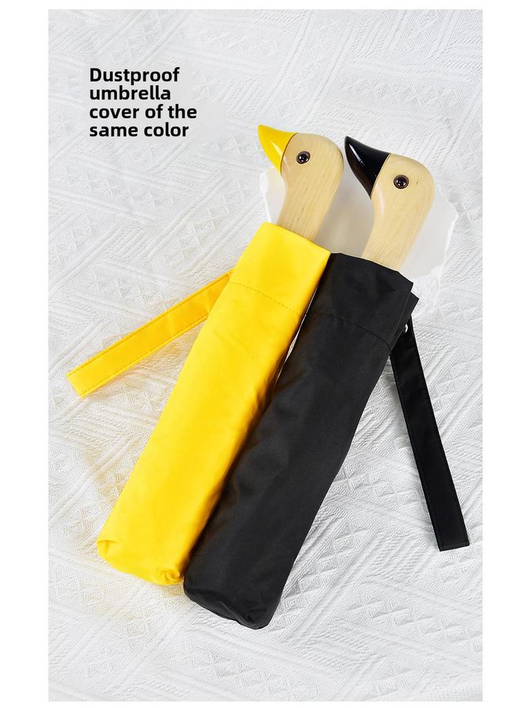 Creative Duck Head Umbrella: Stylish Black with Wooden Handle, Sun Protection, Dual-Purpose for Rain or Shine.
