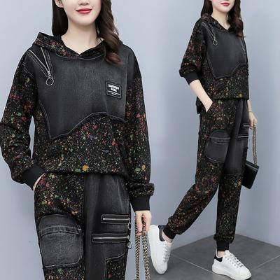 Spring Fashion Denim Suit Women's Stitching Denim Hooded Long-sleeved Two-piece Loose Printed Plus Size Women's Clothing