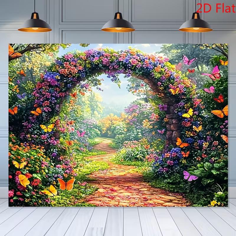 2D Enchanted Flower Arch Photography Backdrop Butterfly Garden Background 47.2x31.5inch/120*80cm