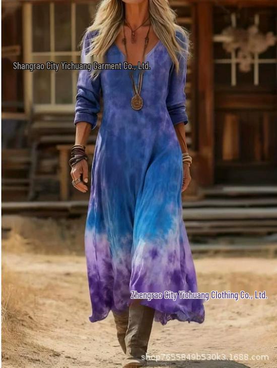 2026 Spring Retro V-neck Long-sleeved Plus Size Dress
