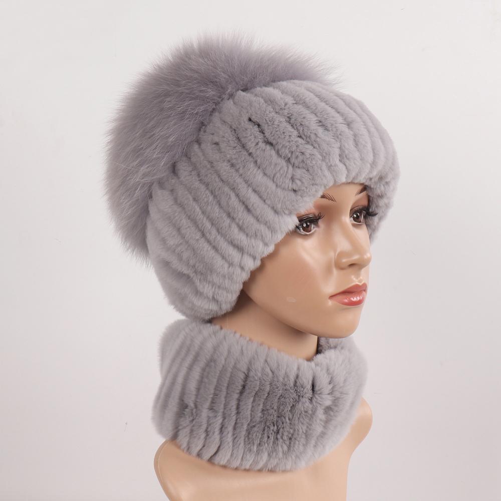 New Women Winter Luxury Real Rex Rabbit Fur Hat Scarf 2 Pieces Knitted Rex Rabbit Fur Hat Top Natural Fox Fur Cap Scarves Sets