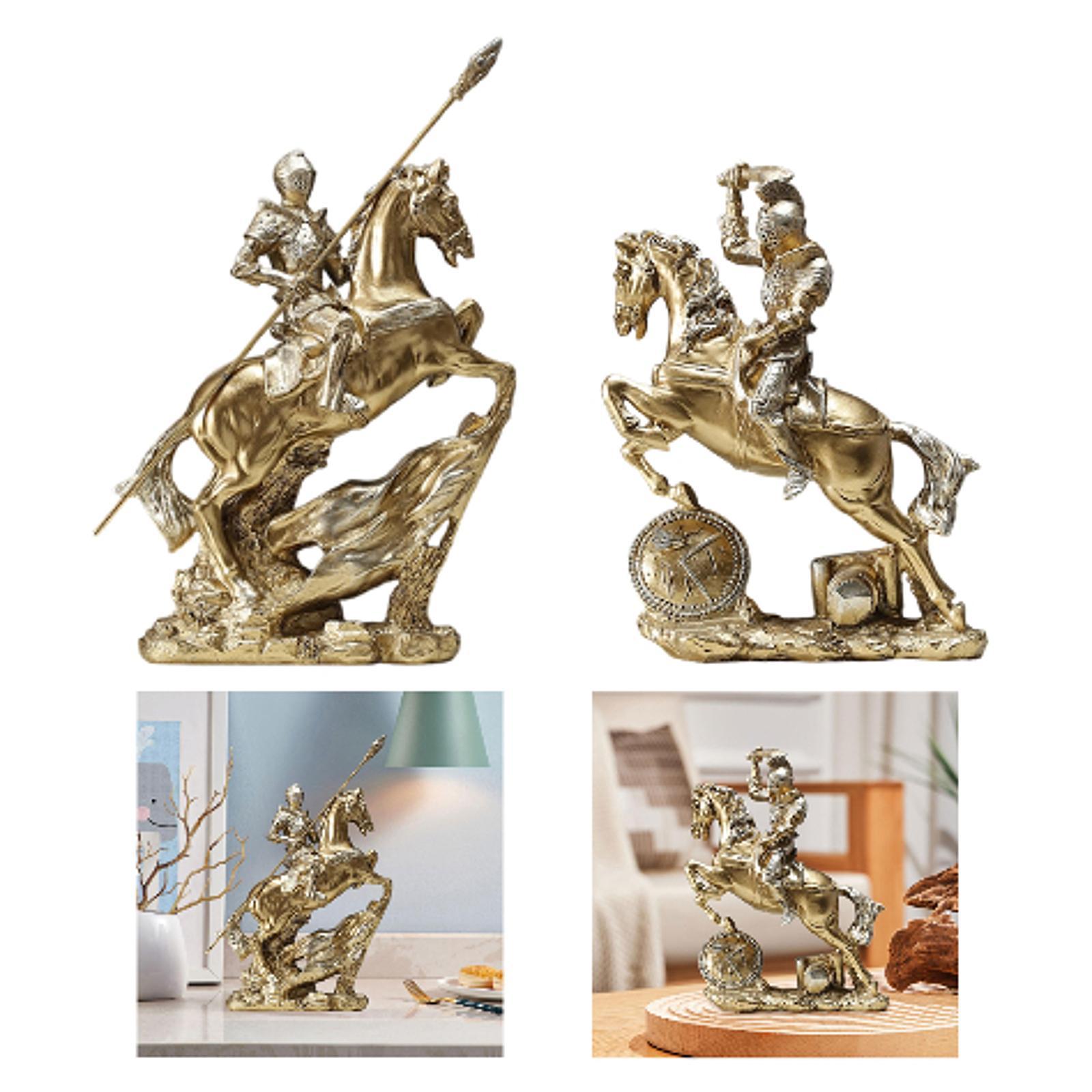 Golden Knight on Horseback Statue Collectible for Home Office Decor, Retro Design Tabletop Ornament 20x7x29cm