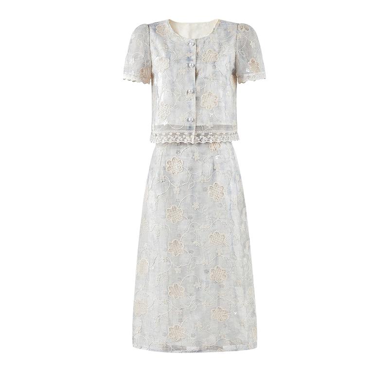 Lace Trim High-Waist A-Line Skirt Two-Piece Set
