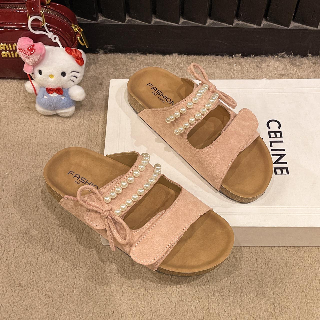 

Korean version of thick-bottomed cool slippers for women s 2025 new summer pedal pearl fashion versatile outer wear beach slippers 40 рожевий