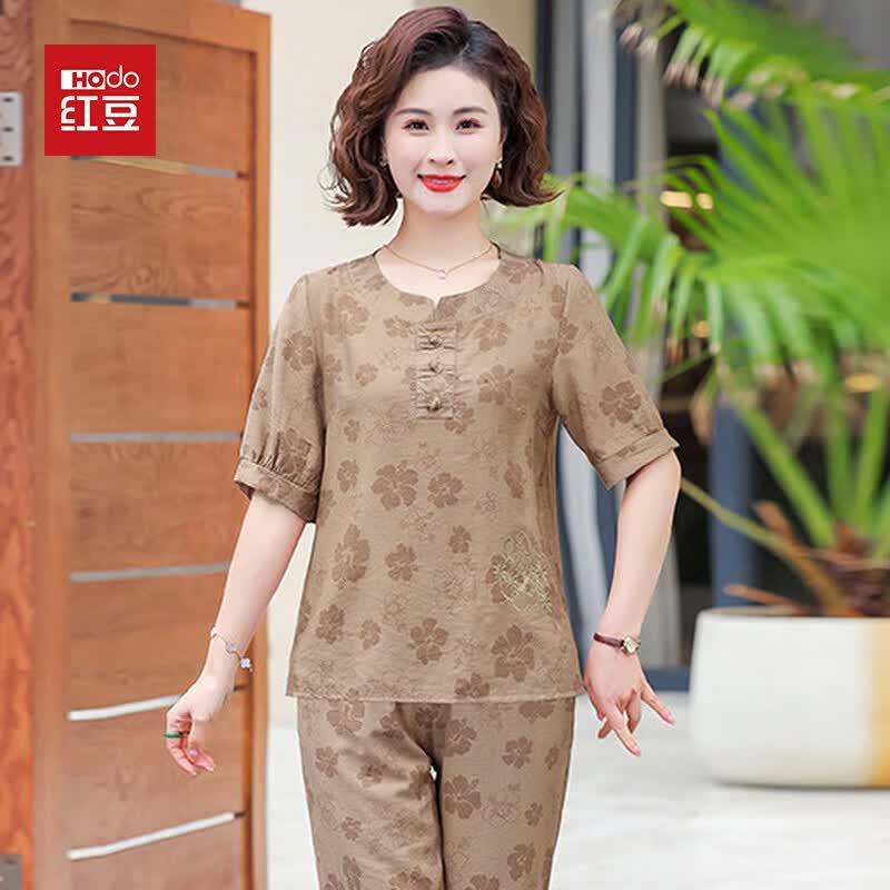 Hodo Mid-Aged Women s Summer Cotton Silk Two-Piece Set 3XL