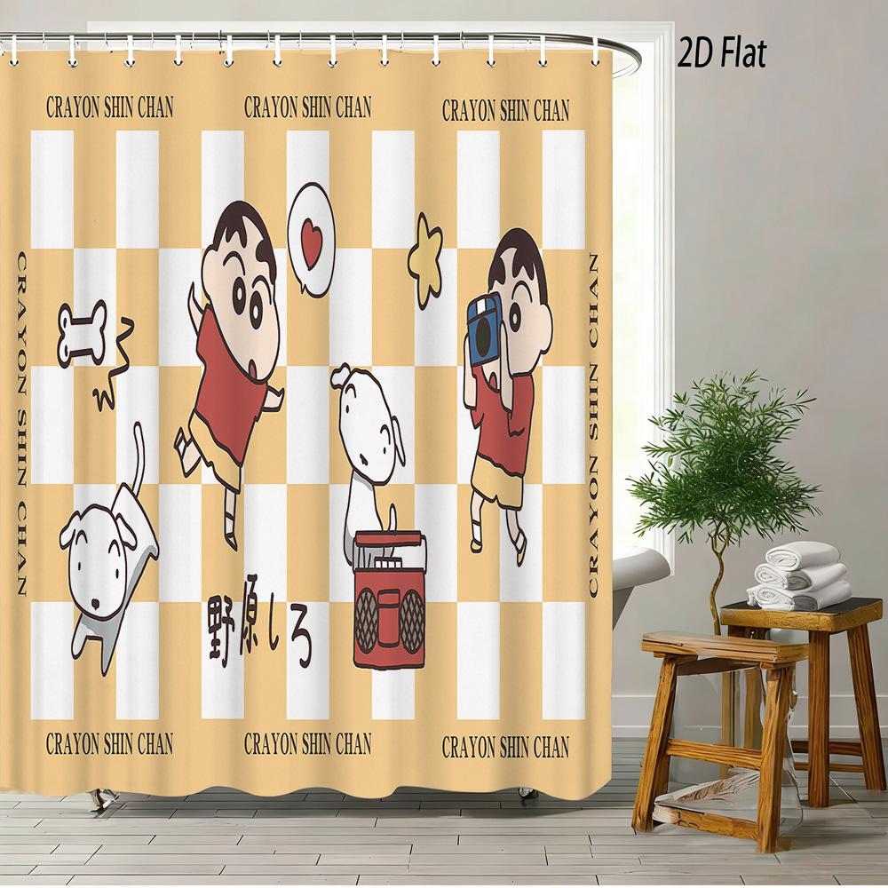 Crayon Shin-Chan & Shiro Checkerboard Pattern With Camera & Radio 2D Print Waterproof Shower Curtain, Yellow & White Bathroom De