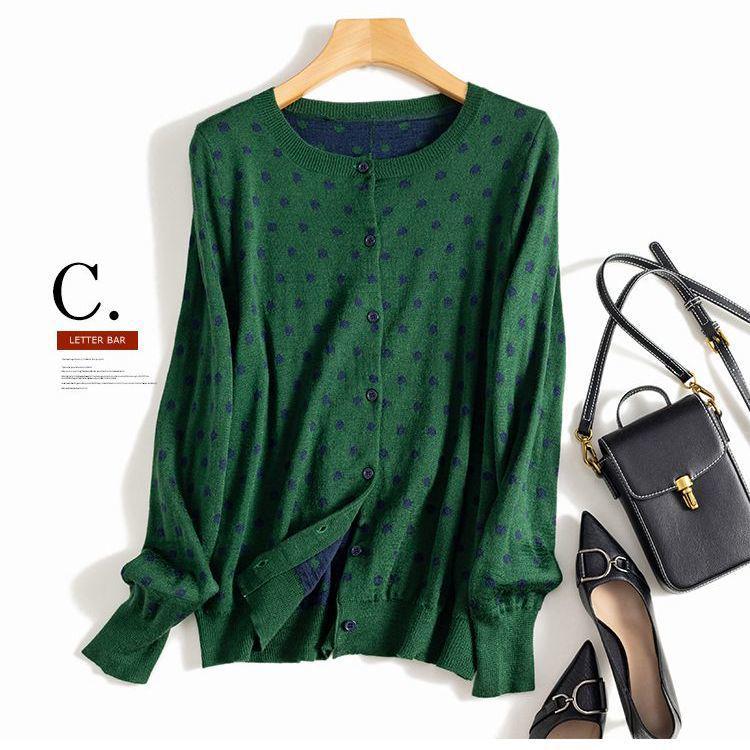 Elegant French Polka Dot Wool Knit Cardigan: Women s Long-Sleeve, Round Neck Sweater Large зелёный