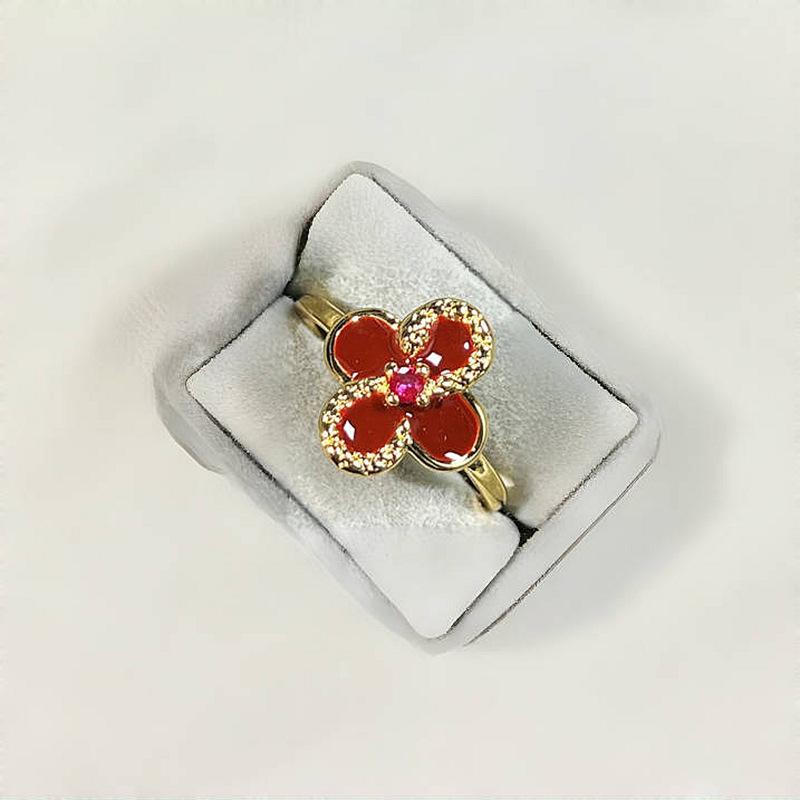 Ankara Red Oil-Dripping Serpentine Four-Leaf Clover Open Ring Sweet Ring Women'S Fashion High-End Accessories