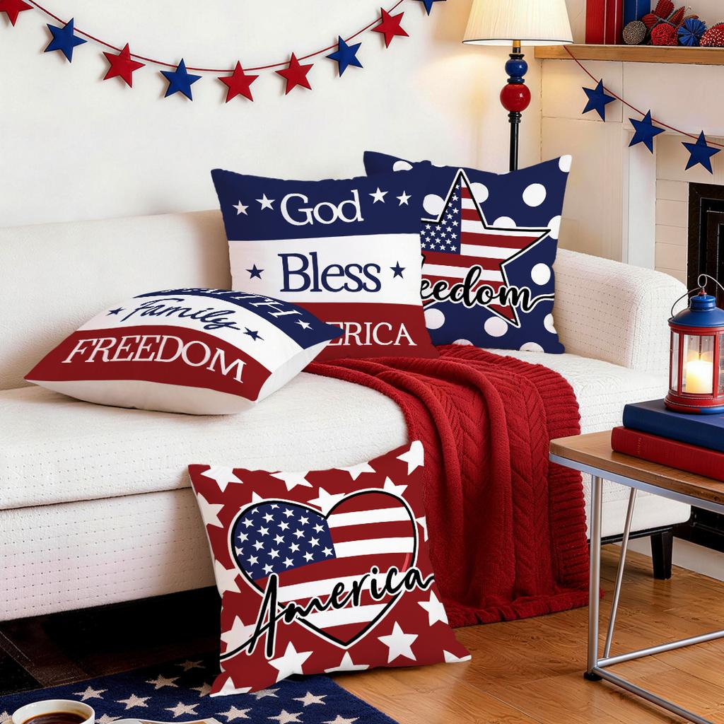 1/4pcs Free American Independence Day Cushions Pillowcase Polyester Cushion Cover Throw Pillow Pillowcover Home Car Sofa Decor