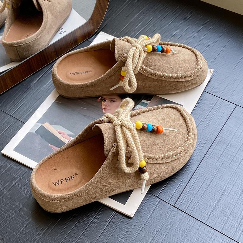 Women's Flat Shoes Cover Toe Slingback Lace-up String Bead One Kick Increased Internal Slippers All-match RetroSuede Women Shoes