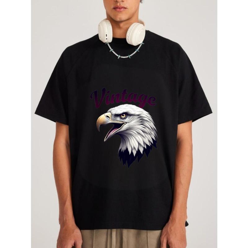 Vintage Eagle Head Graphic T-Shirt White American Bald Eagle Print and Text Casual Wear for Men and Women Outdoor Adventure Fashion Streetwear Style