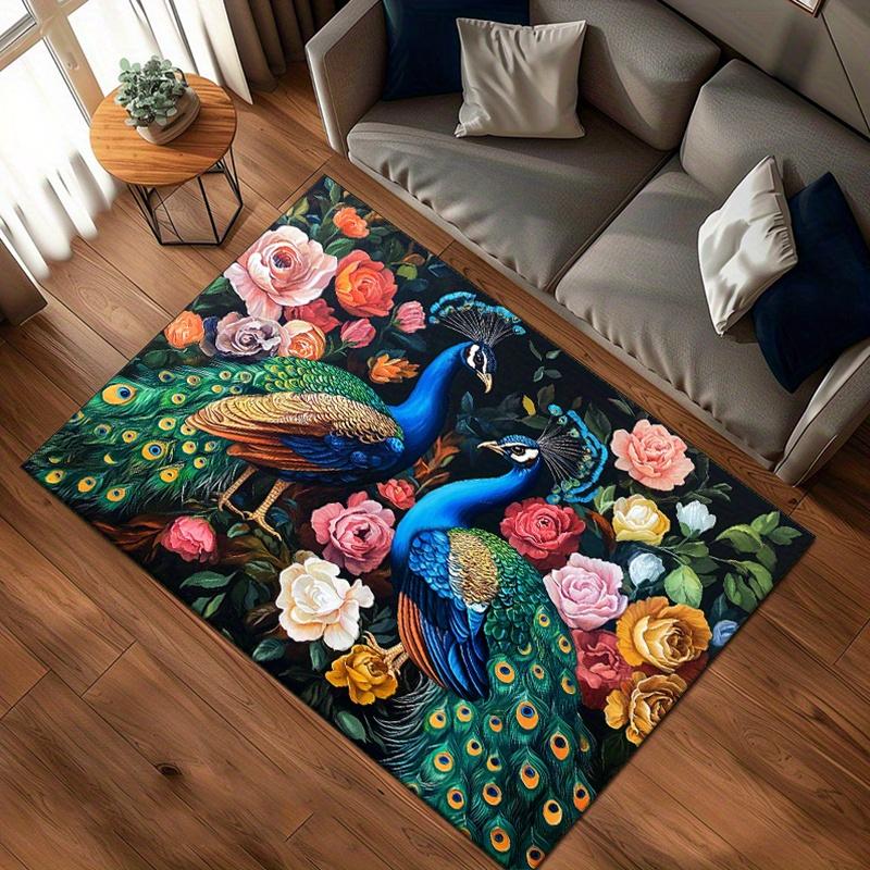 Polyester Area Rug - Double Peacock and Floral Print, Non-Slip, Home Decoration Accent Mat for Bedroom, Living Room, Soft Crystal Velvet, Mi