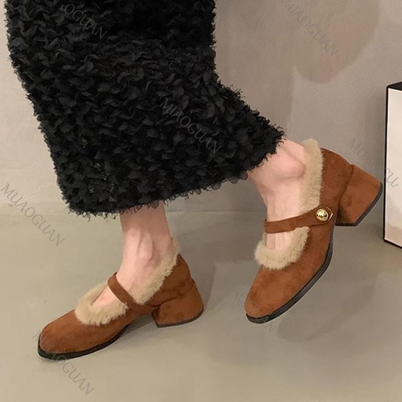 Elegant Chunky Heel Furry Pumps for Women Retro Square Head Plush Mary Jane Shoes Fashion Suede Middle Heeled Women Dress Shoes