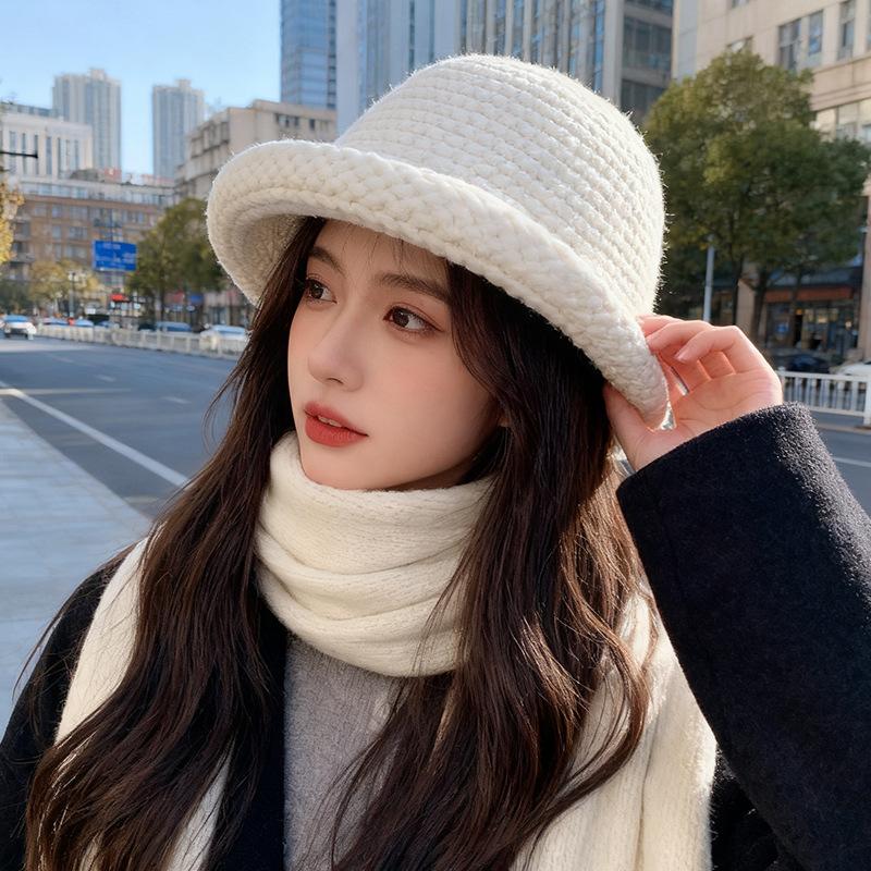Autumn and Winter Thickened Woolen Fisherman's Hat for Women Curled Basin Hat Solid Color  Versatile Warm  Face Showing  Small Knitted Hat for Men