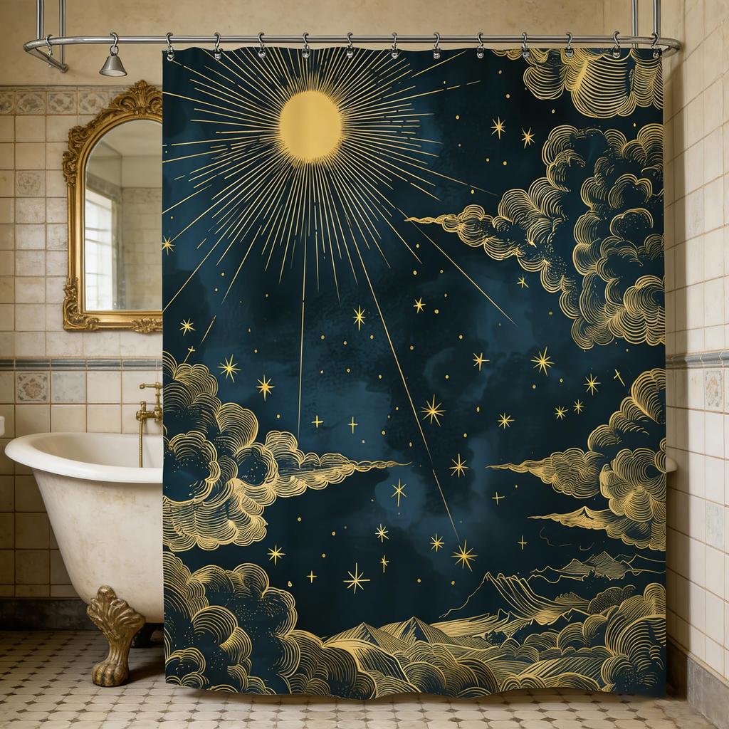 Vintage Dark Green Forest Bathroom Shower Curtain Night Moon Landscape Nature Mystical Midnight Polyester Fabric 12 Plastic