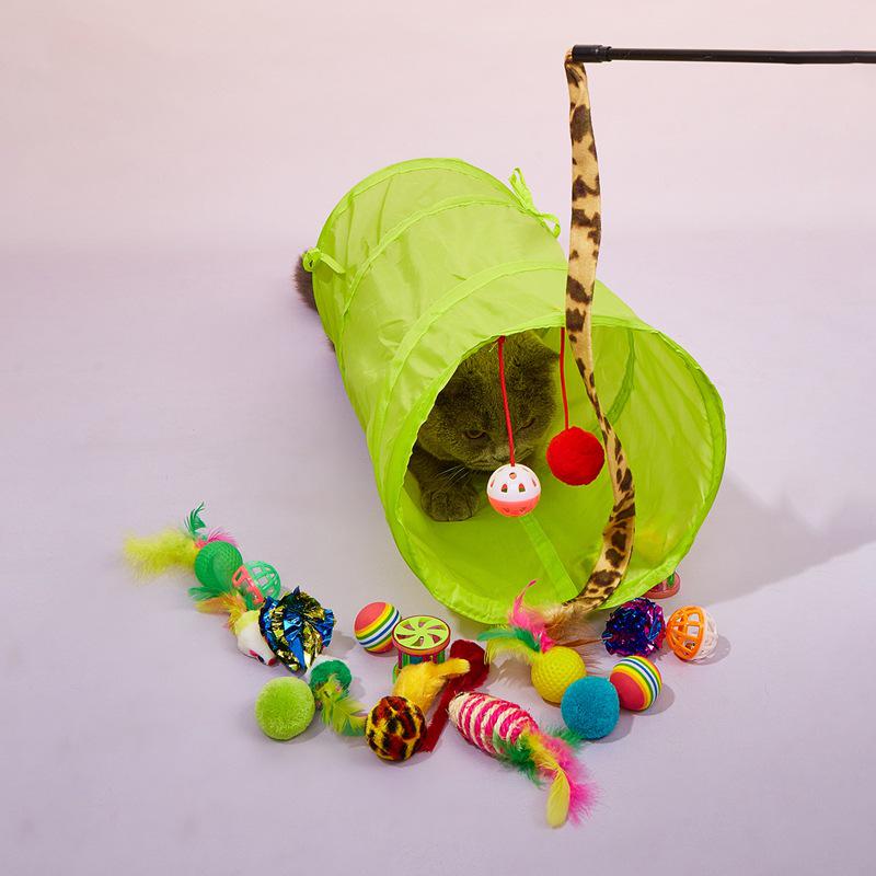 Pet Toy Set: 21-Piece Cat Tunnel, Sisal Mouse, Rainbow Ball, Crinkle Paper, Cat Teaser Stick Combo