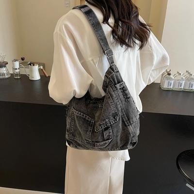 Large Capacity Women's Denim Shoulder Bag Casual Tite Crossbody Bag Sewing Line Monochromatic Elegant
