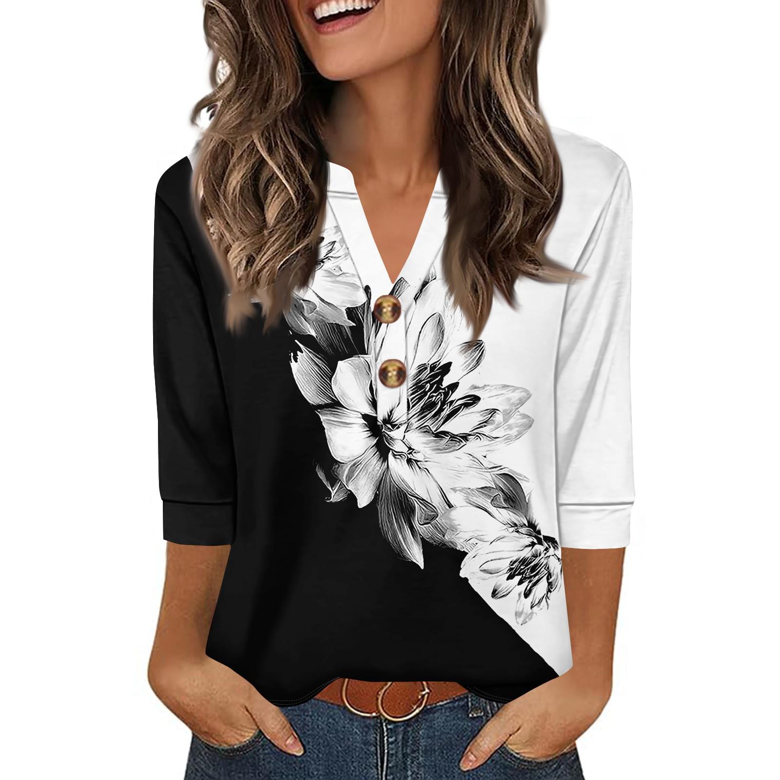 

Женская модная повседневная ретро рубашка с цветочным принтом, рукавом три четверти, свободного кроя, с V-образным вырезом и пуговицами XL белый