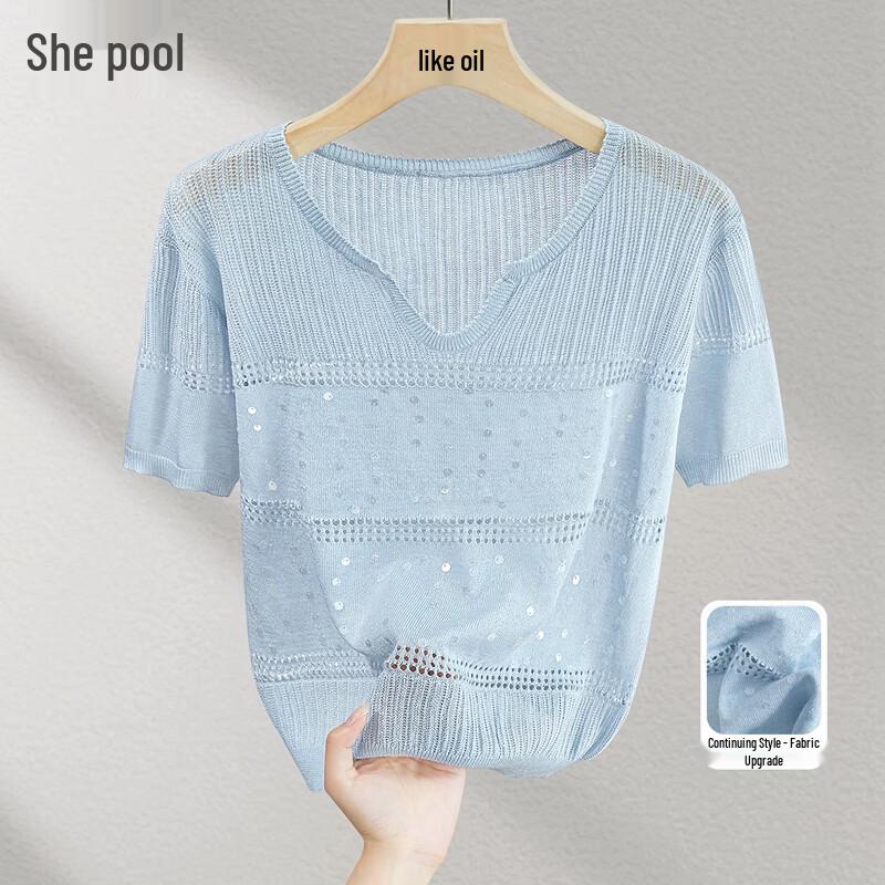 Women s Sequin Hollow-Out V-Neck Knit Top One Size