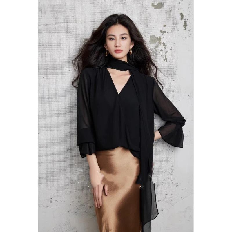 Жемчужный Шифон Цельный Стример V-образный Вырез Мультисистема Полупрозрачный Шифоновый Топ L