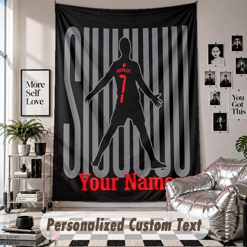 Wall Hanging Tapestry With Custom Name & Text, Cristiano Ronaldo Decorative Tapestry For Bedroom