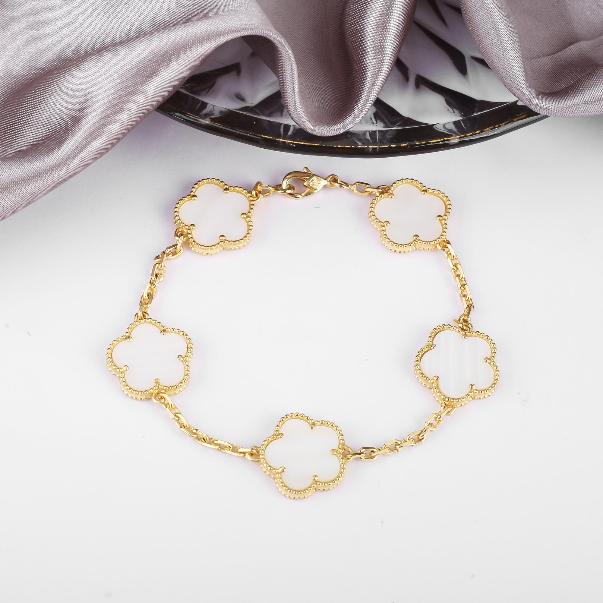 Premium 15mm Natural Stone White Shell Five Leaf Flower Bracelet Gold Silver Lucky bangle For Women Girls Party Daily 5 Leaf