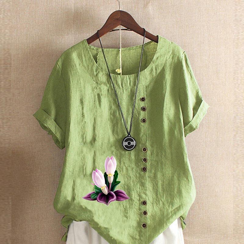 

Женская модная футболка с коротким рукавом с принтом лотоса, свободная хлопковая рубашка, повседневная свободная летняя блузка, топы больших размеров 5XL зелёный