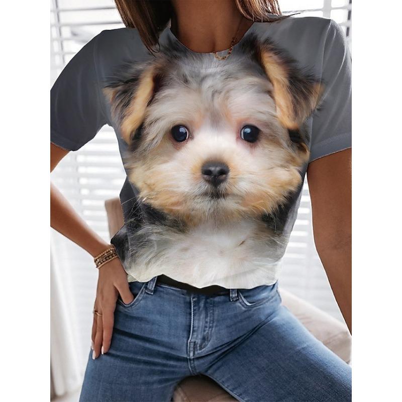 Letní dámské tričko s kulatým výstřihem a 3D potiskem zvířat, módní ležérní s krátkým rukávem