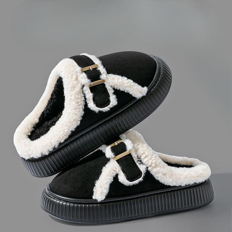 Thick Plush Warm Slippers, Women's Fashionable Buckle Home Anti-slip Cotton Shoes