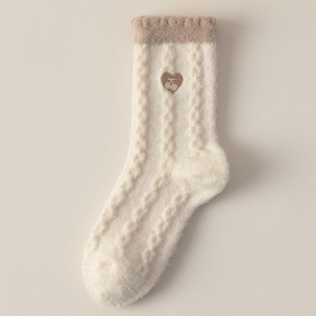 Korean Style Women's Mid-Calf Lace Color Block Wool Socks with Heart Embroidery - Fleece-Lined for Extra Warmth