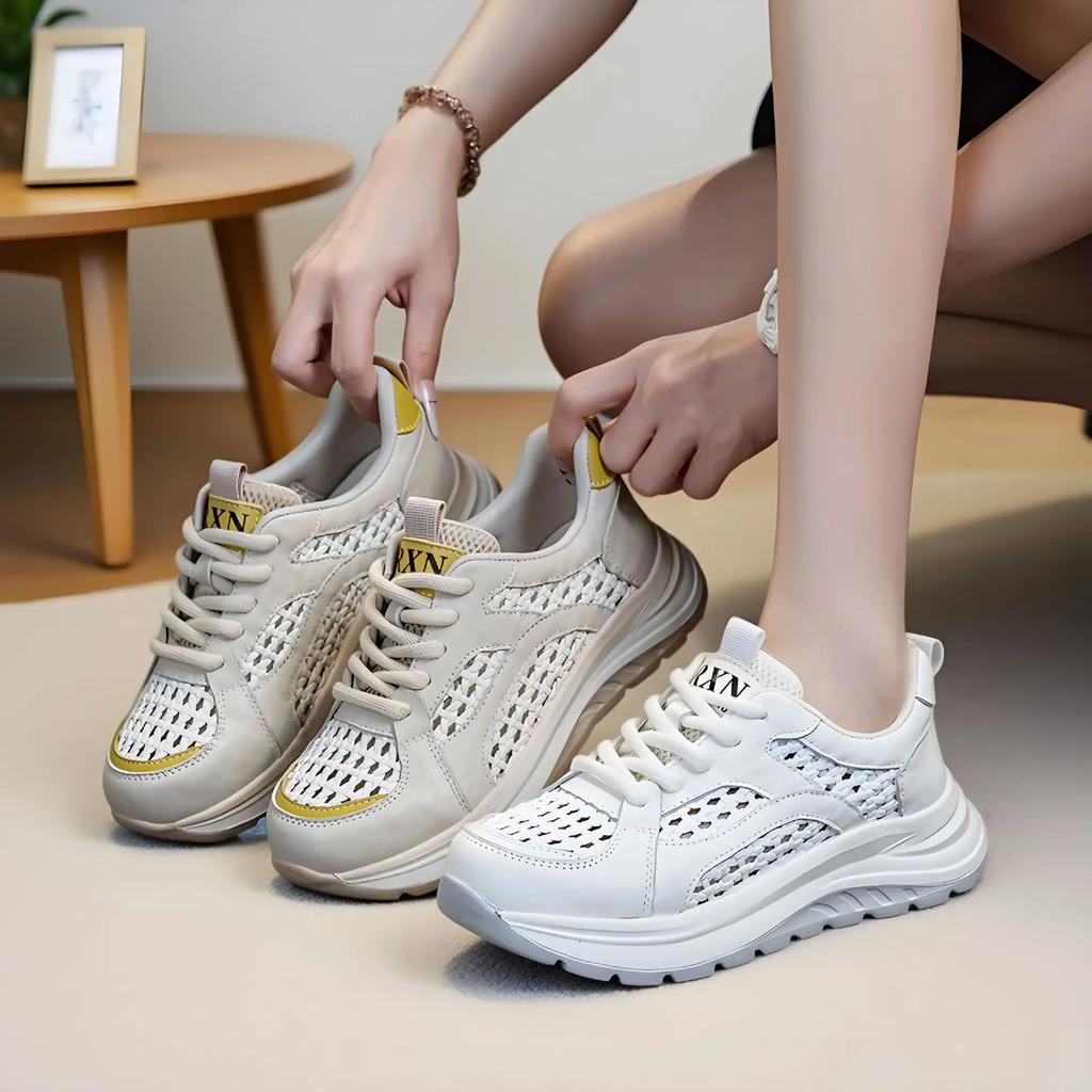 Fashion 4.5CM Summer Woven Mesh Shoes Women Thick Sole Lace-Up Lightweight Breathable Genuine Leather Casual Sneakers 2025 Women Shoes