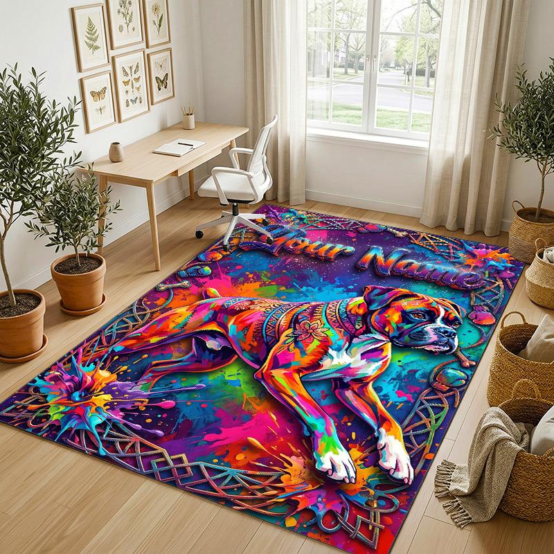 Dog Theme Crystal Velvet Rug Personalized Custom Name Text Soft Floor Mat Home Decor