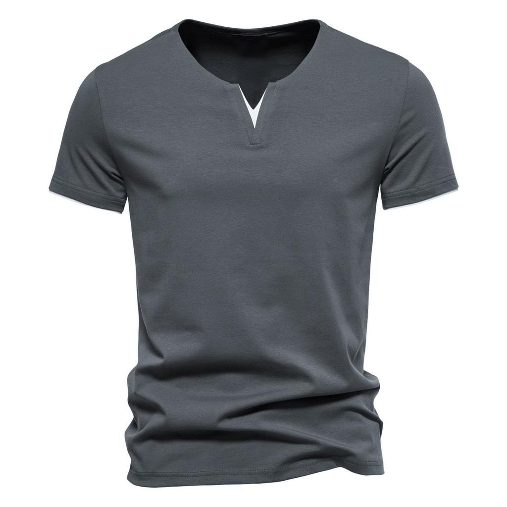 Summer Men's Solid Color CottonT-shirt V Neck Slim Fit Breathable Tops Casual Cozy Tees Classic Male Dailywear