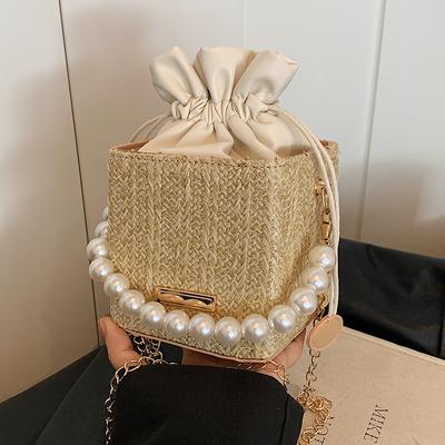 Korean Version of Pearl Handbag for Women New Trendy Small Square Bag Fashionable Chain Shoulder Bag Summer Woven Bucket Bag