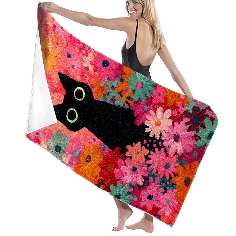 1pc Large Black Cat & Floral Bath Towel - Soft Microfiber Beach Towel with Cute Kitten & Flower Design, Unisex for s &, Swimming
