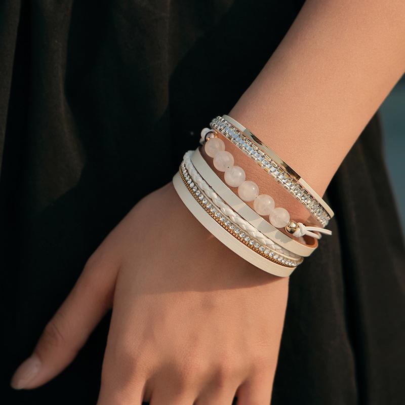 Bohemian Retro Multilayer Women Glass Drill Leather Magnetic Buckle Bracelet