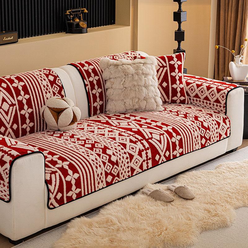 Bohemian Two-Color Jacquard Sofa Cushion Thickened Soft Non-Slip Sofa Cover For Winter Anti-Scratch Plush Warm Couch Cushion