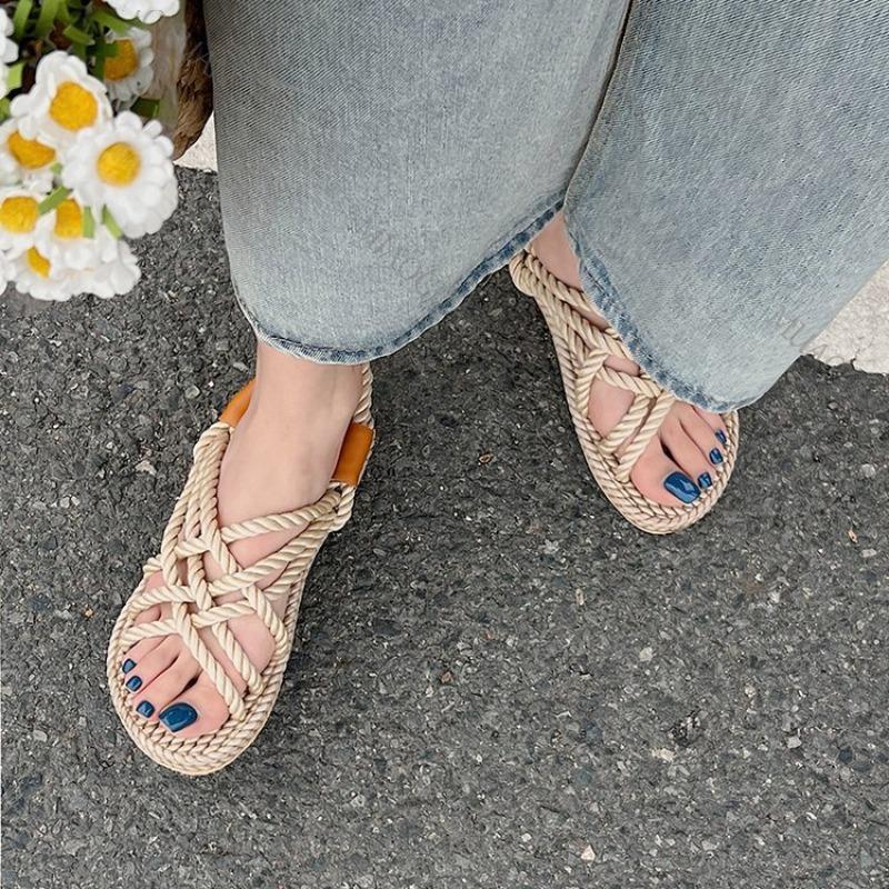 Fashion New Colourful Braided Sandals for Women Summer Flat Bottom Beach Bohemia Rome Women Cool Hemp Rope Sandal Casual Female Shoes
